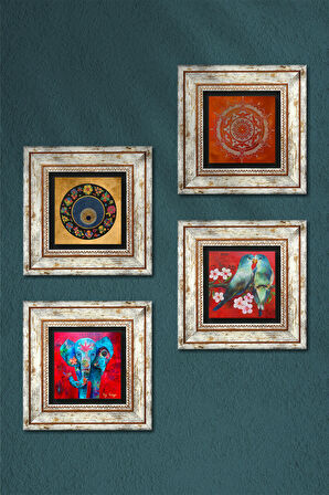 Fil, Kuş, Mandala, Nazar Taş Duvar Tablosu Çerçeveli Duvar Dekoru 4 Parça Tablo Seti Wall Art
