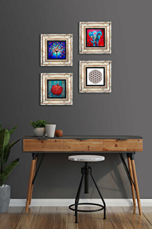 Fil, Yaşam Çiçeği, Hayat Ağacı, Nar Taş Duvar Tablosu Çerçeveli Duvar Dekoru 4 Parça Tablo Seti Wall Art
