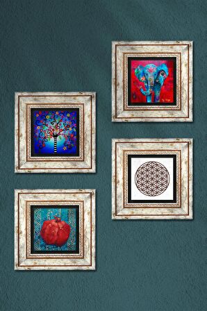 Fil, Yaşam Çiçeği, Hayat Ağacı, Nar Taş Duvar Tablosu Çerçeveli Duvar Dekoru 4 Parça Tablo Seti Wall Art