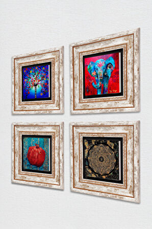 Fil, Sri Yantra, Hayat Ağacı, Nar Taş Duvar Tablosu Çerçeveli Duvar Dekoru 4 Parça Tablo Seti Wall Art