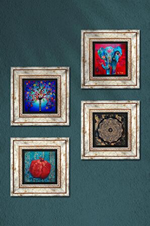 Fil, Sri Yantra, Hayat Ağacı, Nar Taş Duvar Tablosu Çerçeveli Duvar Dekoru 4 Parça Tablo Seti Wall Art