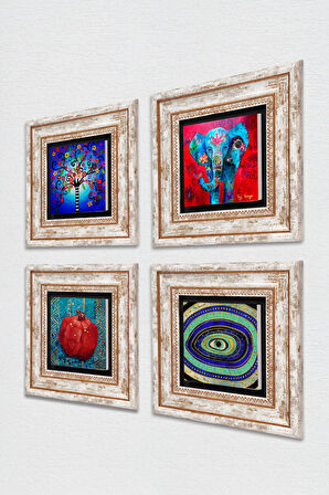 Fil, Nazar, Hayat Ağacı, Nar Taş Duvar Tablosu Çerçeveli Duvar Dekoru 4 Parça Tablo Seti Wall Art
