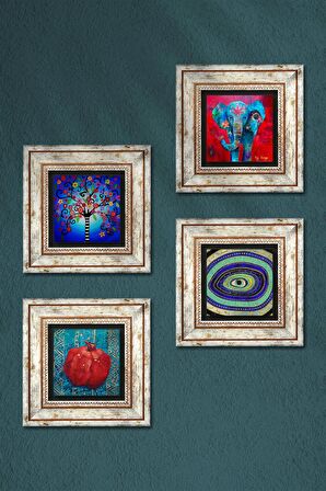 Fil, Nazar, Hayat Ağacı, Nar Taş Duvar Tablosu Çerçeveli Duvar Dekoru 4 Parça Tablo Seti Wall Art