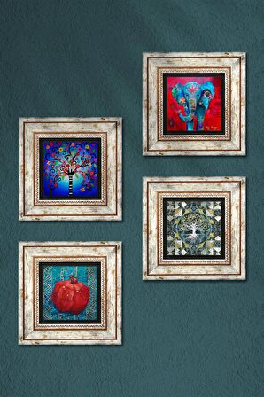 Fil, Hayat Ağacı, Nar Taş Duvar Tablosu Çerçeveli Duvar Dekoru 4 Parça Tablo Seti Wall Art