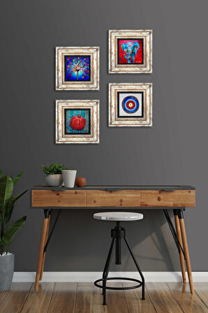 Nazar, Fil, Hayat Ağacı, Nar Taş Duvar Tablosu Çerçeveli Duvar Dekoru 4 Parça Tablo Seti Wall Art