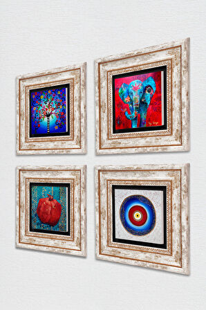 Nazar, Fil, Hayat Ağacı, Nar Taş Duvar Tablosu Çerçeveli Duvar Dekoru 4 Parça Tablo Seti Wall Art