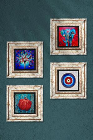 Nazar, Fil, Hayat Ağacı, Nar Taş Duvar Tablosu Çerçeveli Duvar Dekoru 4 Parça Tablo Seti Wall Art