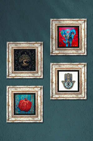 Fil, Hayat Ağacı, Nar, Fatma Ana Eli (Hamsa) Taş Duvar Tablosu Çerçeveli Duvar Dekoru 4 Parça Tablo Seti Wall Art