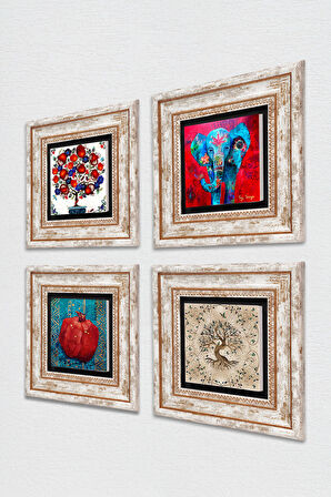 Fil, Hayat Ağacı, Nar Ağacı, Nar Taş Duvar Tablosu Çerçeveli Duvar Dekoru 4 Parça Tablo Seti Wall Art