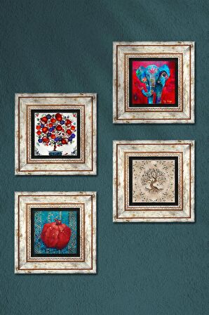 Fil, Hayat Ağacı, Nar Ağacı, Nar Taş Duvar Tablosu Çerçeveli Duvar Dekoru 4 Parça Tablo Seti Wall Art