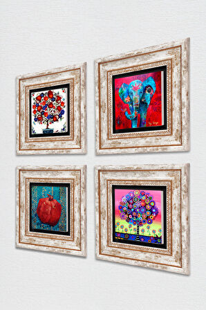 Fil, Hayat Ağacı, Nar Ağacı, Nar Taş Duvar Tablosu Çerçeveli Duvar Dekoru 4 Parça Tablo Seti Wall Art