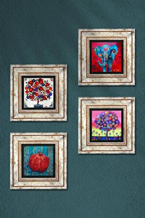 Fil, Hayat Ağacı, Nar Ağacı, Nar Taş Duvar Tablosu Çerçeveli Duvar Dekoru 4 Parça Tablo Seti Wall Art