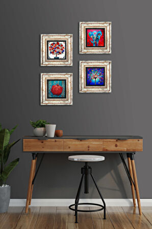 Fil, Hayat Ağacı, Nar Ağacı, Nar Taş Duvar Tablosu Çerçeveli Duvar Dekoru 4 Parça Tablo Seti Wall Art