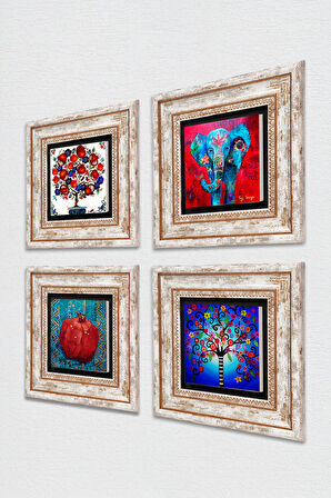 Fil, Hayat Ağacı, Nar Ağacı, Nar Taş Duvar Tablosu Çerçeveli Duvar Dekoru 4 Parça Tablo Seti Wall Art