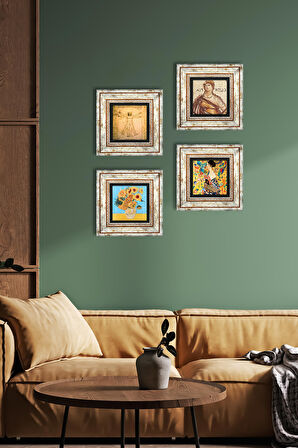 Van Gogh, Gustav Klimt, Leonardo da Vinci, Soteria Mozaiği Taş Duvar Tablosu Çerçeveli Duvar Dekoru 4 Parça Tablo Seti Wall Art