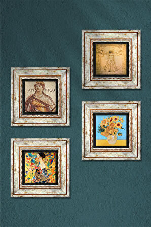 Van Gogh, Gustav Klimt, Leonardo da Vinci, Soteria Mozaiği Taş Duvar Tablosu Çerçeveli Duvar Dekoru 4 Parça Tablo Seti Wall Art