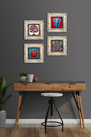 Fil, Yaşam Çiçeği, Nar Ağacı, Nar Taş Duvar Tablosu Çerçeveli Duvar Dekoru 4 Parça Tablo Seti Wall Art