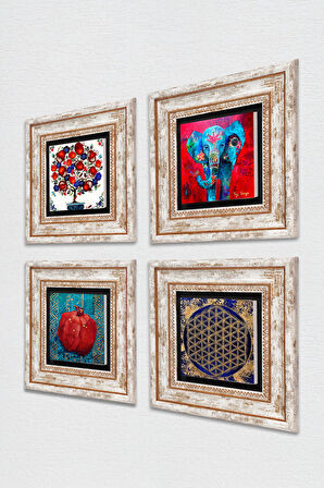 Fil, Yaşam Çiçeği, Nar Ağacı, Nar Taş Duvar Tablosu Çerçeveli Duvar Dekoru 4 Parça Tablo Seti Wall Art