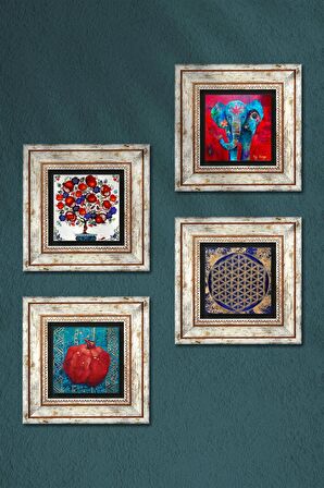 Fil, Yaşam Çiçeği, Nar Ağacı, Nar Taş Duvar Tablosu Çerçeveli Duvar Dekoru 4 Parça Tablo Seti Wall Art