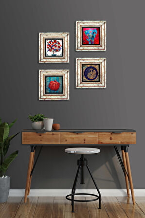 Fil, Tavus Kuşu, Nar Ağacı, Nar Taş Duvar Tablosu Çerçeveli Duvar Dekoru 4 Parça Tablo Seti Wall Art