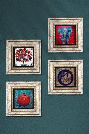 Fil, Tavus Kuşu, Nar Ağacı, Nar Taş Duvar Tablosu Çerçeveli Duvar Dekoru 4 Parça Tablo Seti Wall Art