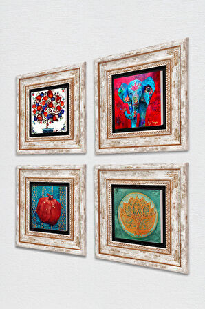 Fil, Lotus Çiçeği, Nar Ağacı, Nar Taş Duvar Tablosu Çerçeveli Duvar Dekoru 4 Parça Tablo Seti Wall Art