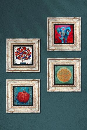 Fil, Lotus Çiçeği, Nar Ağacı, Nar Taş Duvar Tablosu Çerçeveli Duvar Dekoru 4 Parça Tablo Seti Wall Art