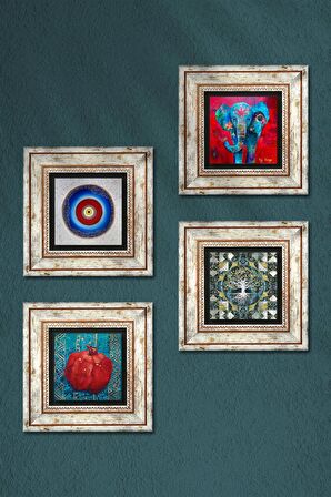 Nazar, Hayat Ağacı, Fil, Nar Taş Duvar Tablosu Çerçeveli Duvar Dekoru 4 Parça Tablo Seti Wall Art