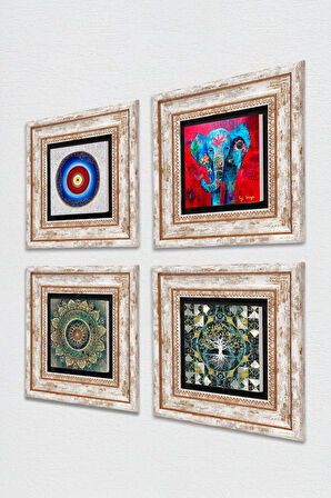 Nazar, Hayat Ağacı, Mandala, Fil Taş Duvar Tablosu Çerçeveli Duvar Dekoru 4 Parça Tablo Seti Wall Art