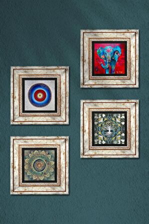 Nazar, Hayat Ağacı, Mandala, Fil Taş Duvar Tablosu Çerçeveli Duvar Dekoru 4 Parça Tablo Seti Wall Art