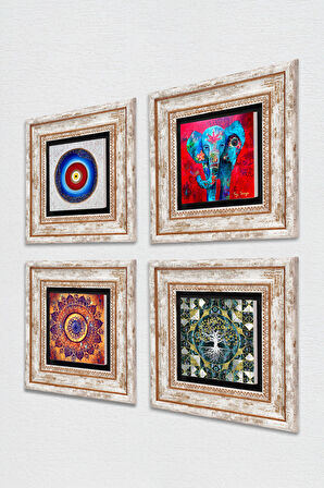 Nazar, Hayat Ağacı, Mandala, Fil Taş Duvar Tablosu Çerçeveli Duvar Dekoru 4 Parça Tablo Seti Wall Art