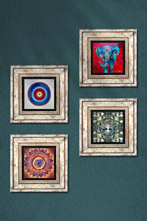 Nazar, Hayat Ağacı, Mandala, Fil Taş Duvar Tablosu Çerçeveli Duvar Dekoru 4 Parça Tablo Seti Wall Art
