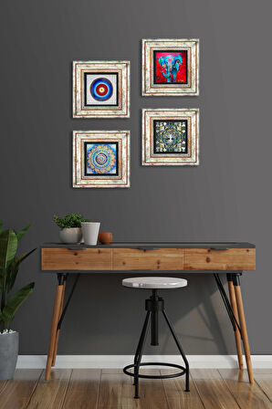 Nazar, Hayat Ağacı, Mandala, Fil Taş Duvar Tablosu Çerçeveli Duvar Dekoru 4 Parça Tablo Seti Wall Art