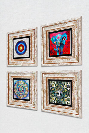 Nazar, Hayat Ağacı, Mandala, Fil Taş Duvar Tablosu Çerçeveli Duvar Dekoru 4 Parça Tablo Seti Wall Art