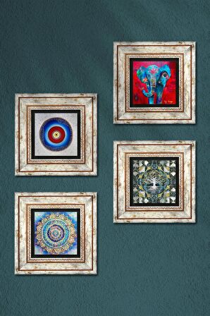 Nazar, Hayat Ağacı, Mandala, Fil Taş Duvar Tablosu Çerçeveli Duvar Dekoru 4 Parça Tablo Seti Wall Art