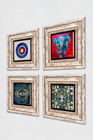 Hayat Ağacı, Fil, Nazar Taş Duvar Tablosu Çerçeveli Duvar Dekoru 4 Parça Tablo Seti Wall Art