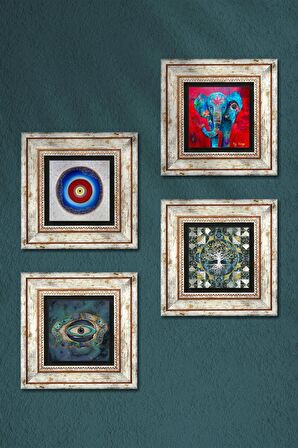 Hayat Ağacı, Fil, Nazar Taş Duvar Tablosu Çerçeveli Duvar Dekoru 4 Parça Tablo Seti Wall Art