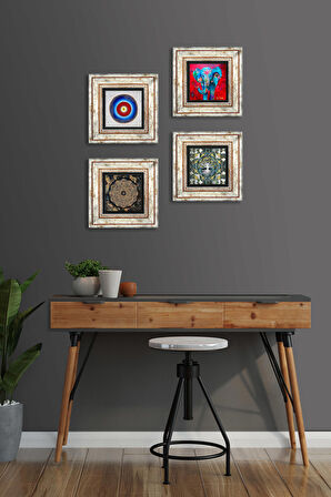 Nazar, Hayat Ağacı, Fil, Sri Yantra Taş Duvar Tablosu Çerçeveli Duvar Dekoru 4 Parça Tablo Seti Wall Art