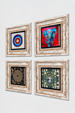 Nazar, Hayat Ağacı, Fil, Sri Yantra Taş Duvar Tablosu Çerçeveli Duvar Dekoru 4 Parça Tablo Seti Wall Art