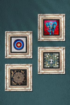 Nazar, Hayat Ağacı, Fil, Sri Yantra Taş Duvar Tablosu Çerçeveli Duvar Dekoru 4 Parça Tablo Seti Wall Art