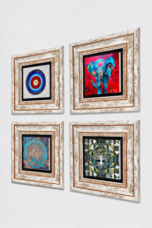Nazar, Hayat Ağacı, Fil, Yaşam Çiçeği Taş Duvar Tablosu Çerçeveli Duvar Dekoru 4 Parça Tablo Seti Wall Art