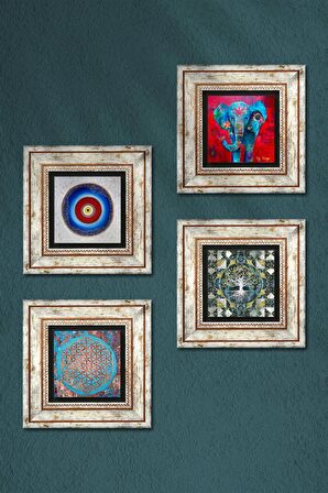 Nazar, Hayat Ağacı, Fil, Yaşam Çiçeği Taş Duvar Tablosu Çerçeveli Duvar Dekoru 4 Parça Tablo Seti Wall Art