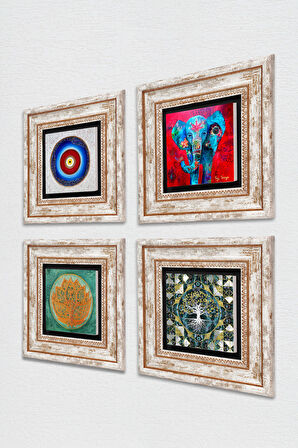 Nazar, Hayat Ağacı, Fil, Lotus Çiçeği Taş Duvar Tablosu Çerçeveli Duvar Dekoru 4 Parça Tablo Seti Wall Art