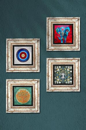 Nazar, Hayat Ağacı, Fil, Lotus Çiçeği Taş Duvar Tablosu Çerçeveli Duvar Dekoru 4 Parça Tablo Seti Wall Art