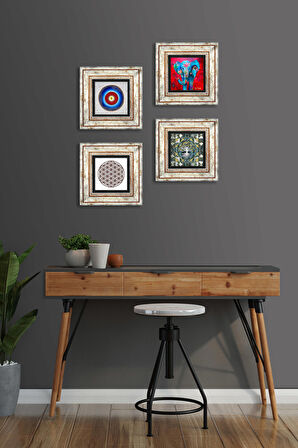 Nazar, Hayat Ağacı, Fil, Yaşam Çiçeği Taş Duvar Tablosu Çerçeveli Duvar Dekoru 4 Parça Tablo Seti Wall Art