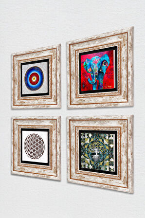Nazar, Hayat Ağacı, Fil, Yaşam Çiçeği Taş Duvar Tablosu Çerçeveli Duvar Dekoru 4 Parça Tablo Seti Wall Art