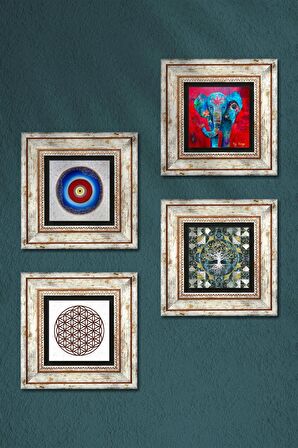 Nazar, Hayat Ağacı, Fil, Yaşam Çiçeği Taş Duvar Tablosu Çerçeveli Duvar Dekoru 4 Parça Tablo Seti Wall Art