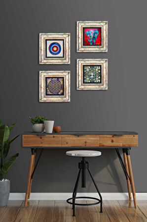 Nazar, Hayat Ağacı, Fil, Yaşam Çiçeği Taş Duvar Tablosu Çerçeveli Duvar Dekoru 4 Parça Tablo Seti Wall Art