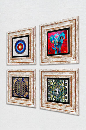 Nazar, Hayat Ağacı, Fil, Yaşam Çiçeği Taş Duvar Tablosu Çerçeveli Duvar Dekoru 4 Parça Tablo Seti Wall Art