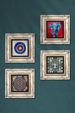 Nazar, Hayat Ağacı, Fil, Yaşam Çiçeği Taş Duvar Tablosu Çerçeveli Duvar Dekoru 4 Parça Tablo Seti Wall Art